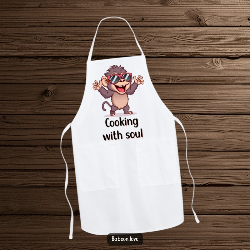 Funny cooking apron adorned with a dancing baboon wearing sunglasses, designed to bring laughter to the kitchen.