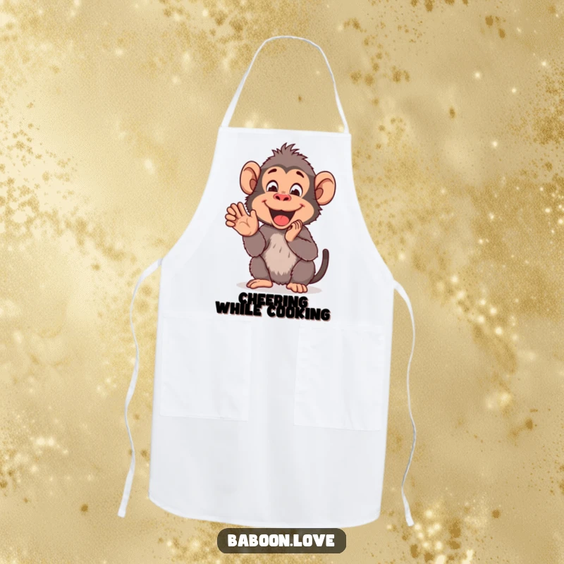 Funny Apron: A cheerful baboon claps its hands together with delight, designed for the enthusiastic cook seeking a humorous and functional kitchen accessory.