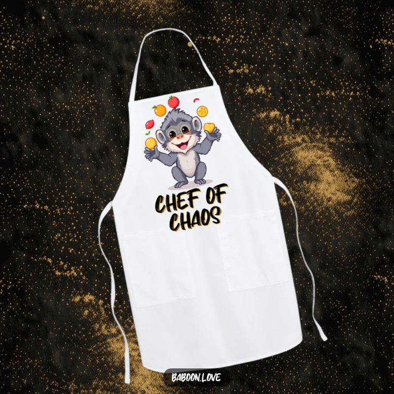 Funny apron featuring a happy baboon juggling colorful fruits, ideal for kitchen duties and adding a humorous touch to cooking.