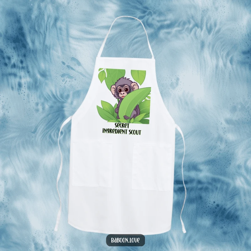 Funny Apron: A curious baboon peeks from behind jungle leaves, designed for the observant cook seeking a humorous and functional kitchen accessory.