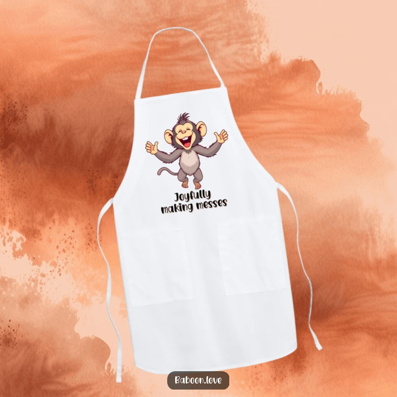 Funny Apron: A playful baboon leaps joyfully with arms wide open, perfect for the enthusiastic cook wanting a humorous kitchen accessory.