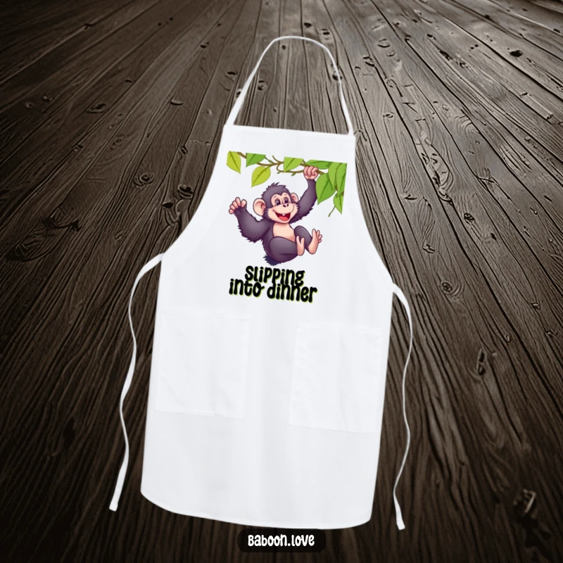 Funny cooking apron showcasing a mischievous baboon gleefully sliding down a vine, perfect for adding humor to meal prep.
