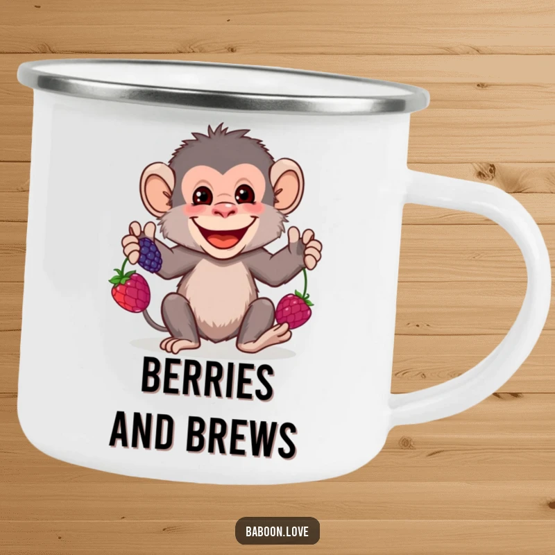 Funny Camping Mug: A grinning baboon juggles colorful berries, a durable and humorous mug for adventurers who appreciate playful talent.