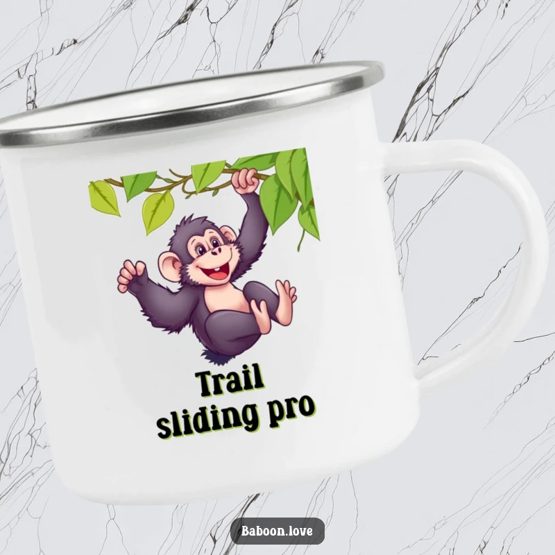 Funny, sturdy camping mug featuring a mischievous baboon sliding down a vine with glee, built for adventure and fun.