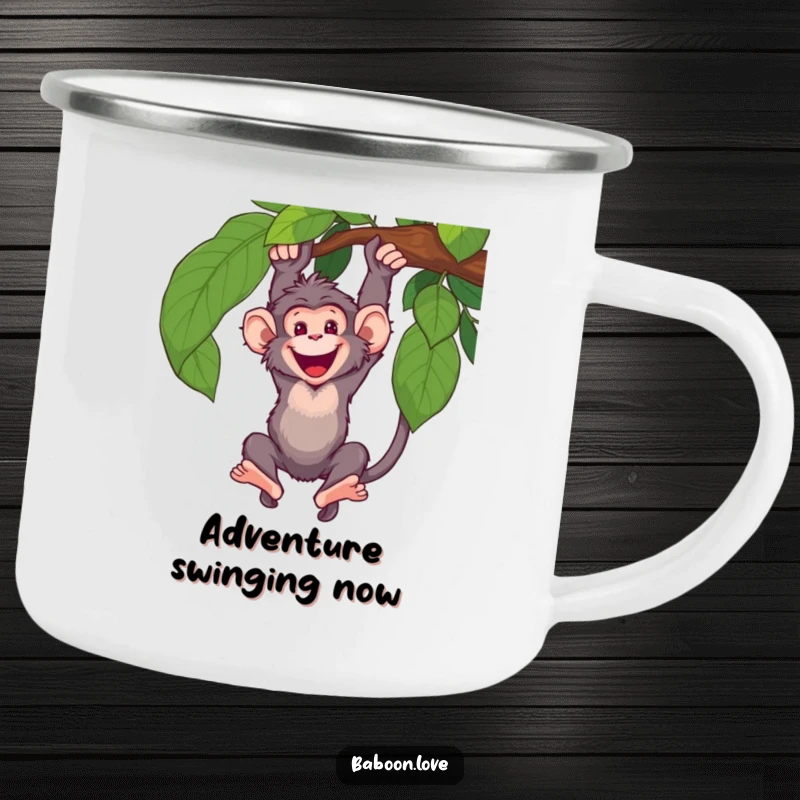 Funny Camping Mug: A happy baboon swings energetically from a vine, a durable and humorous mug for adventurers who love to have fun.