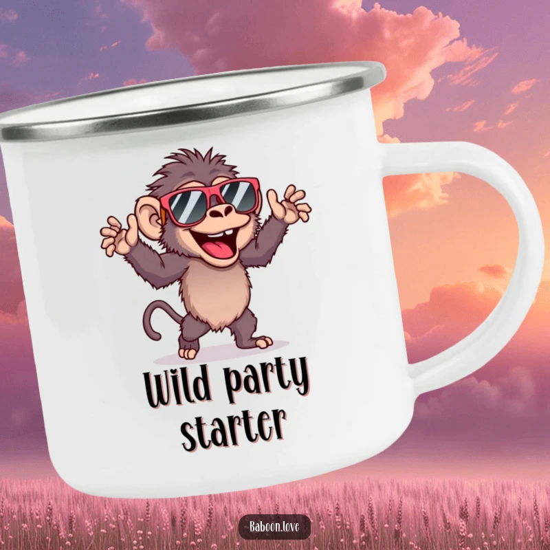 Funny camping mug with a dancing baboon wearing sunglasses, built for adventure and bringing smiles to outdoor moments.