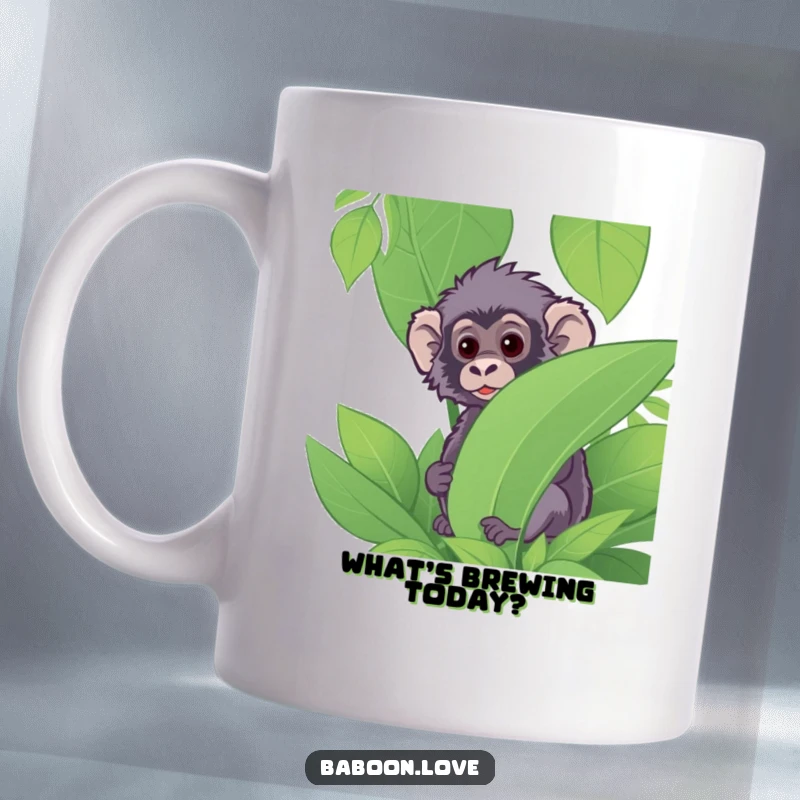 Funny Mug: A curious baboon peeks playfully from behind a large leafy jungle plant, adding a touch of mystery and humor.