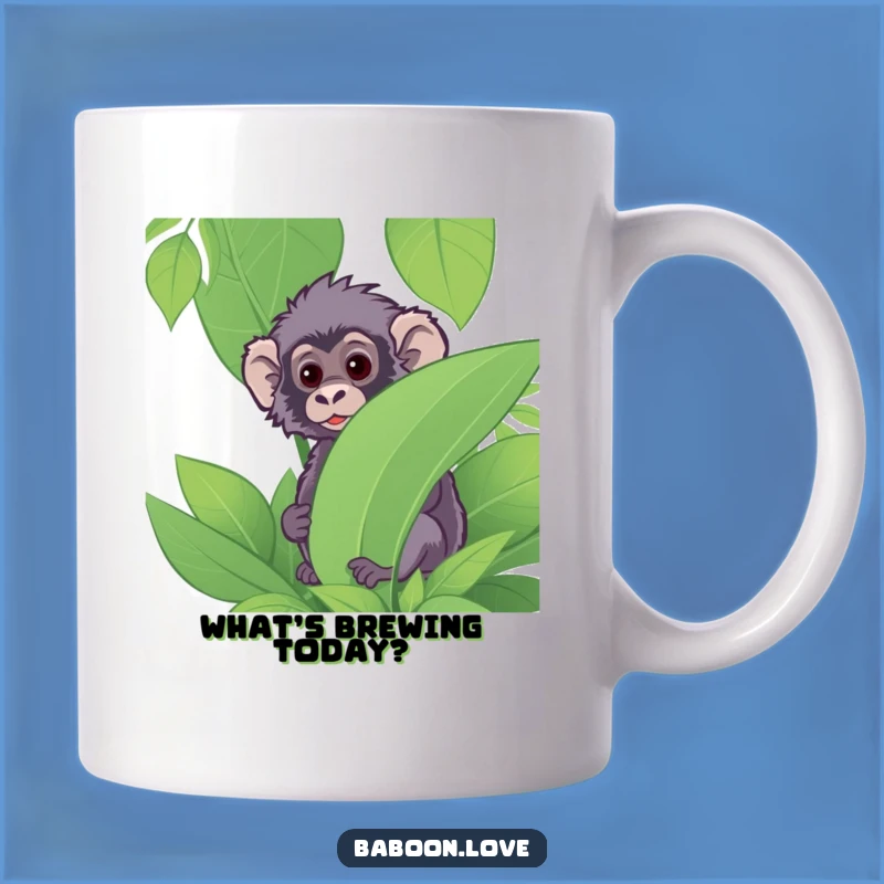Funny Baboon Peek Mug: Curious Primate in Jungle Plant, Perfect Funny Gift