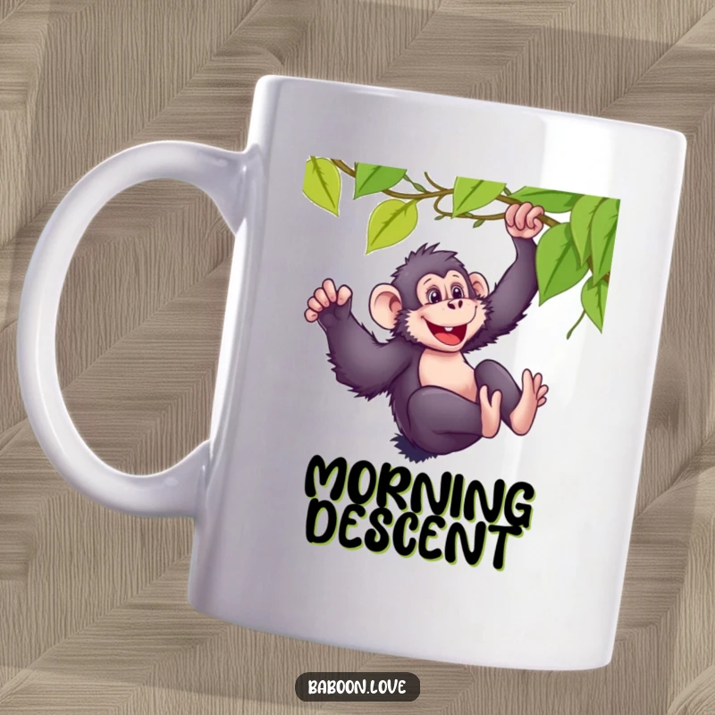 Funny mug showing a mischievous baboon gleefully sliding down a vine with a huge smile, full of adventurous spirit.