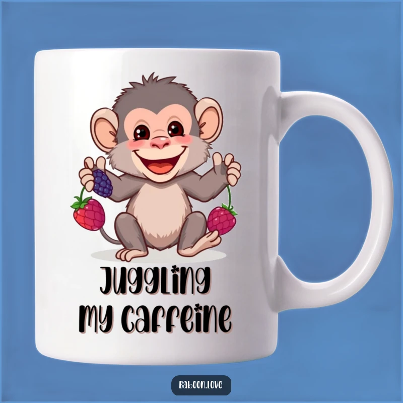 Funny Baboon Juggling Mug: Grinning Primate & Berries, Perfect Funny Gift
