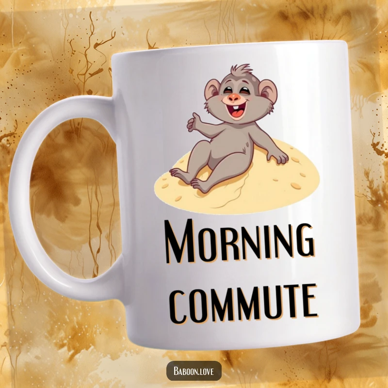 Funny mug featuring a giggling baboon joyfully sliding down a sandy dune, capturing the thrill of desert fun.