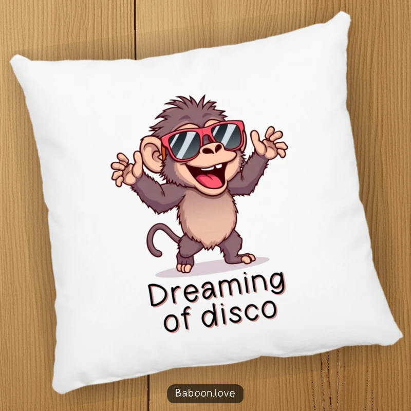 Funny decorative pillow featuring a joyful baboon sporting sunglasses and dancing with infectious energy, perfect for cozy spaces.