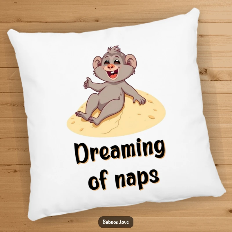 Funny pillow featuring a giggling baboon enjoying a thrilling slide down a sandy dune, perfect for adding humor to any room.