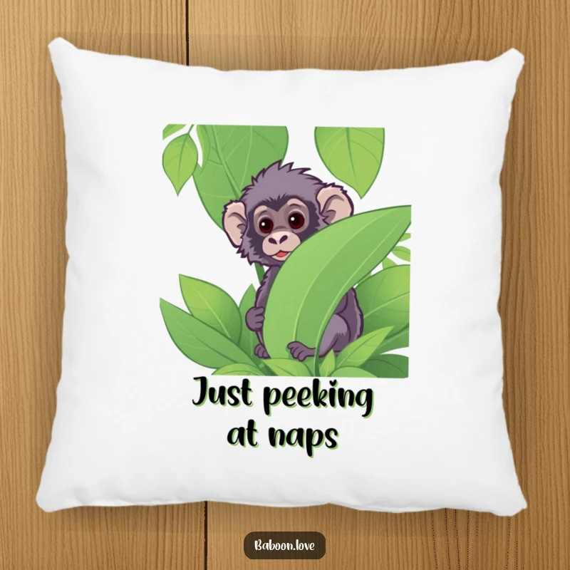Funny Pillow: A curious baboon peeks from behind lush jungle foliage, offering a soft, humorous, and intriguing accent cushion for relaxation.