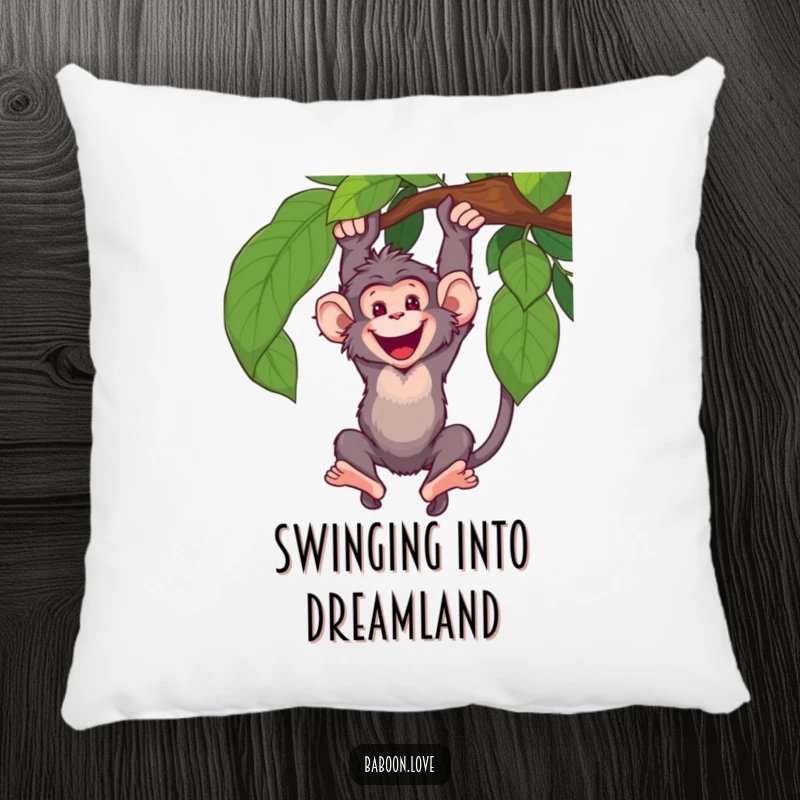 Funny Pillow: A happy baboon swings enthusiastically from a vine, a soft, humorous, and energetic cushion for any cozy space.