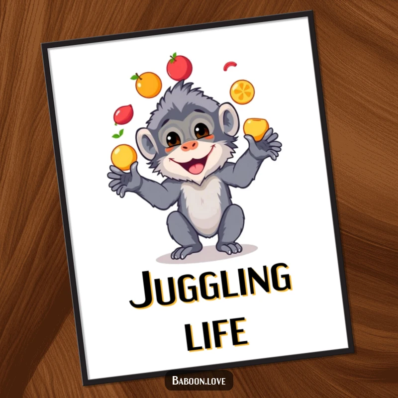 Funny digital art print of a cheerful baboon performing an impressive fruit juggling act, bringing vibrant humor to any wall.