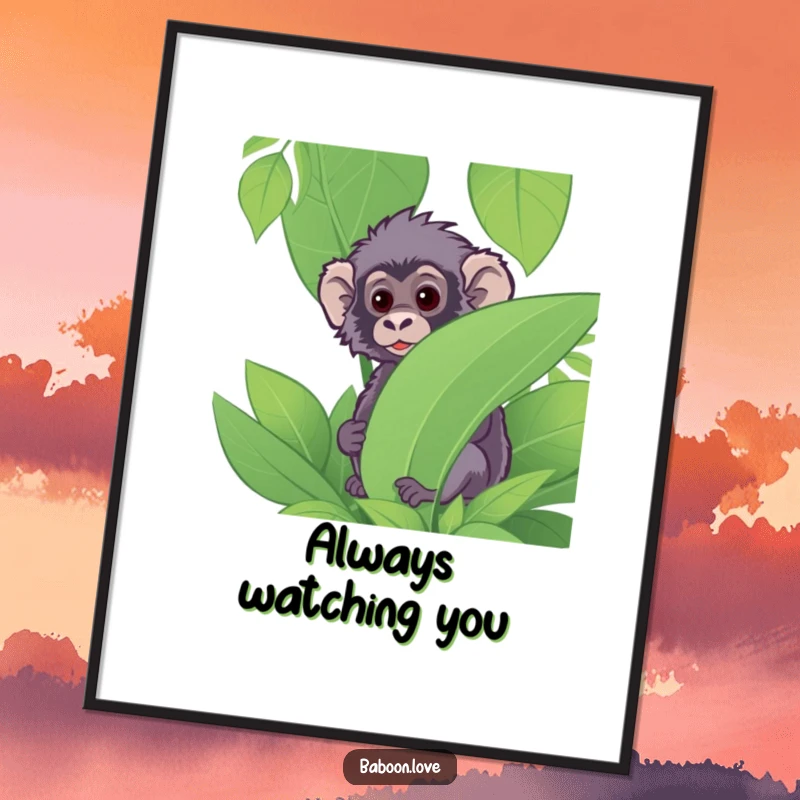 Funny Digital Art Print: A curious baboon peeks from behind lush jungle plants, offering instant, intriguing, and humorous decor for any wall.