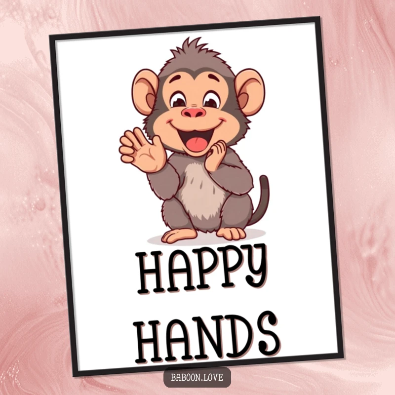 Funny Digital Art Print: A cheerful baboon claps its hands together in delight, offering instant, uplifting, and humorous decor for any room.