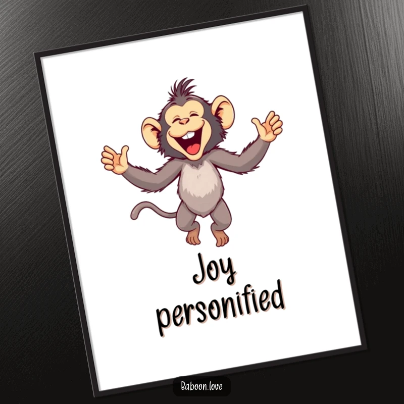 Funny Digital Art Print: A playful baboon leaps with arms outstretched in pure joy, offering instant, humorous wall decor for any room.