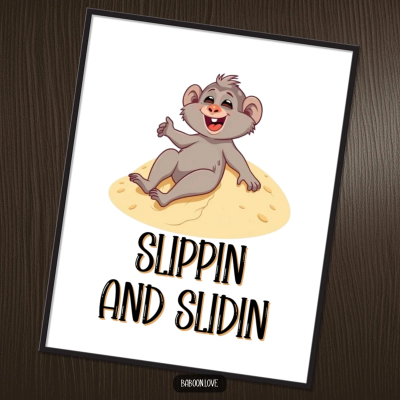Funny digital art print of a giggling baboon joyfully sliding down a sandy dune, bringing instant desert humor to any wall.