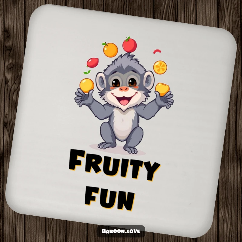 Funny drink coaster displaying a cheerful baboon juggling colorful fruits, designed to protect surfaces with a comical touch.
