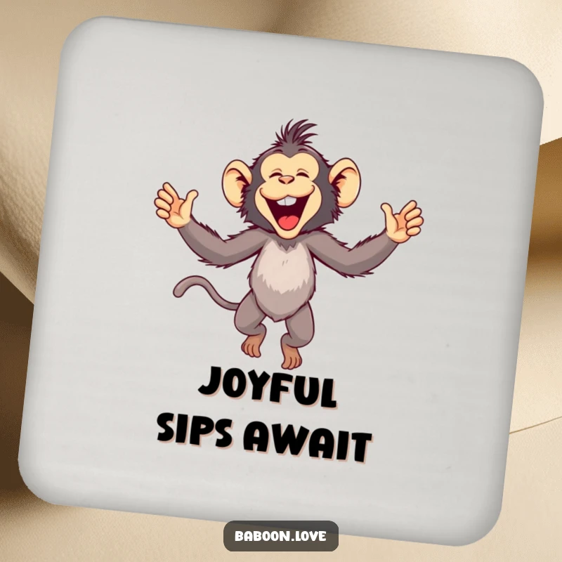 Funny Coaster: A playful baboon leaps with arms outstretched, adding a burst of joy and humor to protect surfaces from drinks.