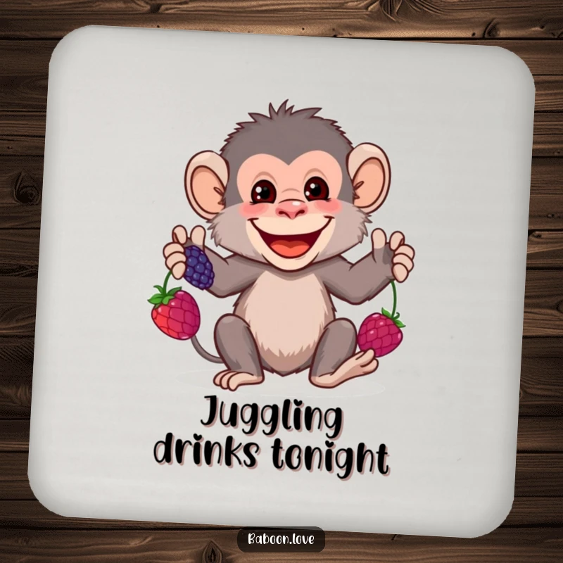 Funny Coaster: A grinning baboon juggles colorful berries, offering humorous protection for surfaces and adding a touch of whimsical skill.