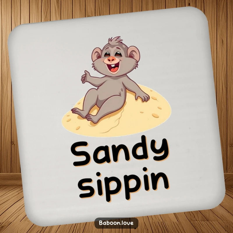Funny drink coaster featuring a giggling baboon sliding down a sandy dune, designed to protect surfaces with a comical desert touch.