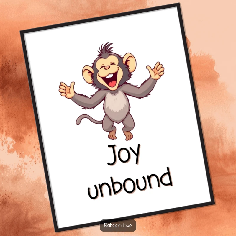 Funny Poster: A playful baboon leaps with arms widely outstretched, expressing absolute joy and exuberance in vibrant artwork for decor.