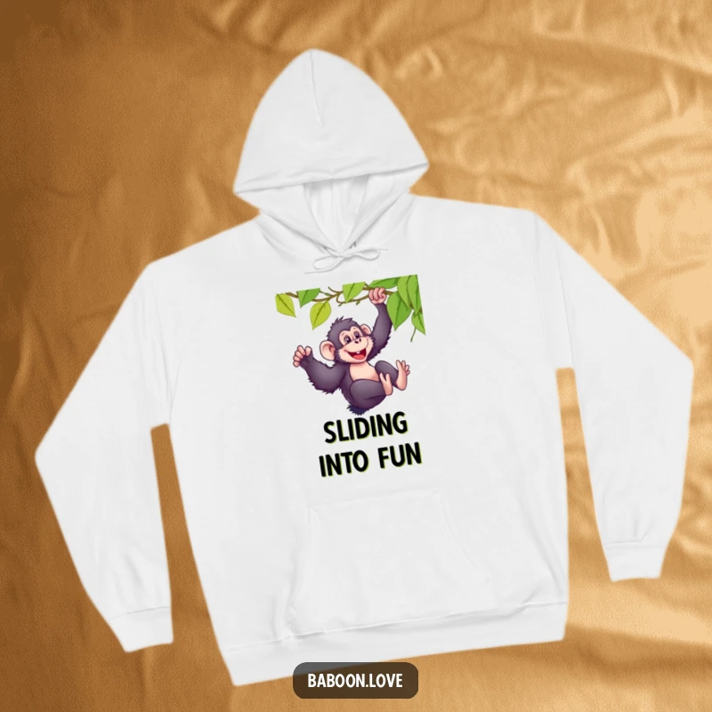 Funny, cozy hoodie depicting a mischievous baboon gleefully sliding down a vine, radiating pure fun and adventure.
