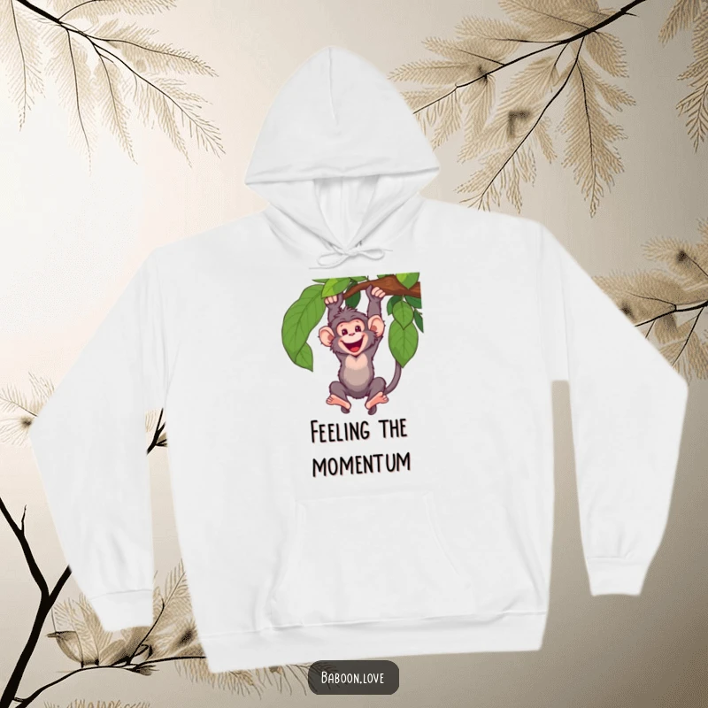Funny Hoodie: A happy baboon swings enthusiastically from a vine, offering a cozy and humorous design for active individuals.