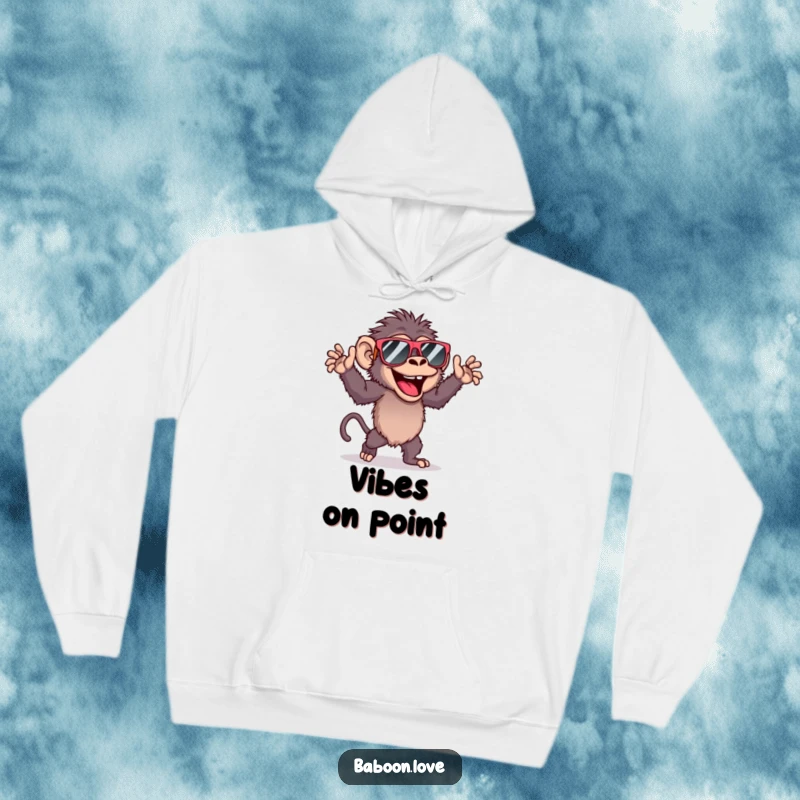 Funny hooded sweatshirt with a joyful baboon wearing oversized sunglasses, captured mid-dance, radiating fun.