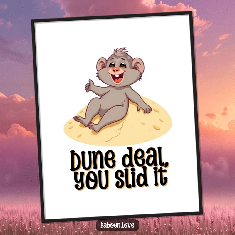 Funny Free Printable Wall Art of a joyous baboon caught mid-slide down a sandy dune, laughing with pure exhilaration.