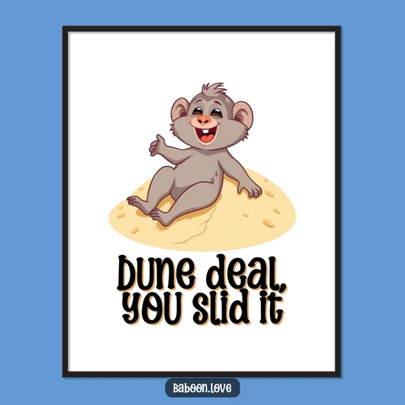 Funny Free Printable Wall Art: Giggling Baboon Sandboarding, Whimsical Downloadable Decor for Adventurous Souls