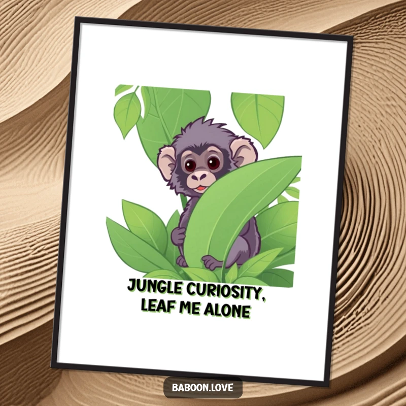 Funny Free Printable Wall Art: A curious baboon peeking out from behind a large green jungle leaf, a playful gaze.