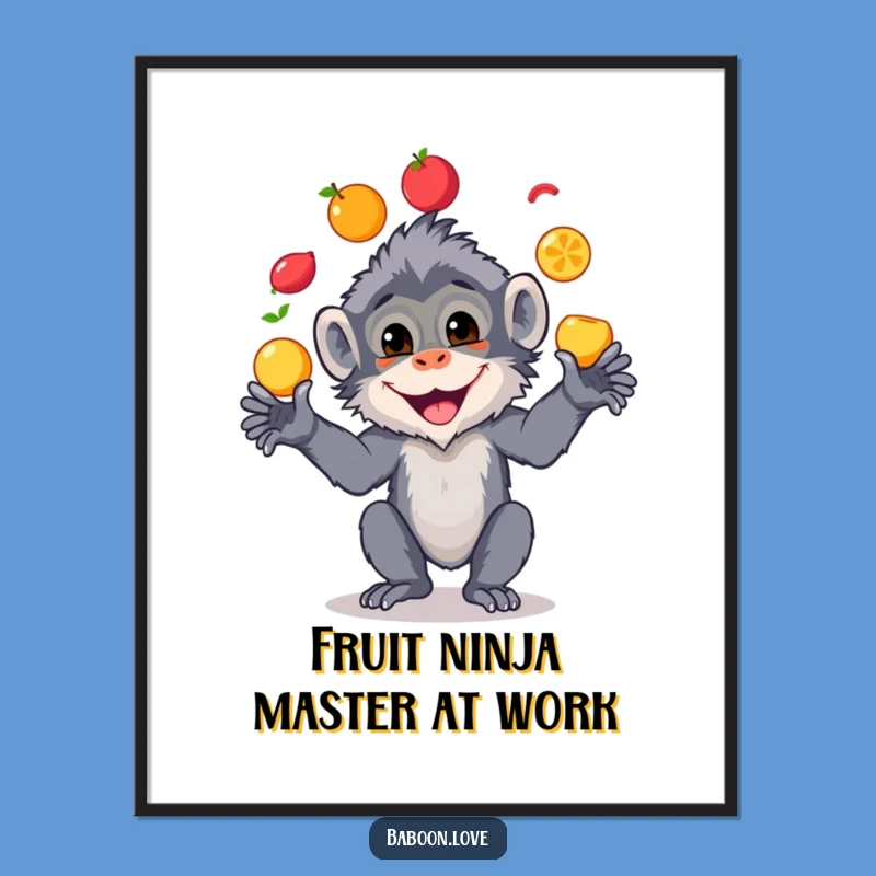 Funny Free Printable Wall Art: Cheerful Baboon Juggling Fruits, Quirky Downloadable Decor for Your Home