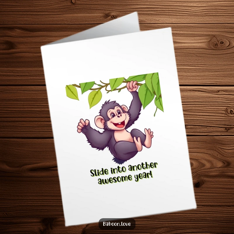 Funny Free Printable Birthday Card: Mischievous baboon sliding down a vine with glee, a hilarious downloadable gift.
