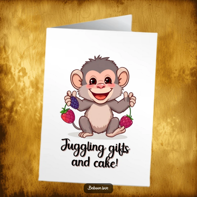 Funny Free Printable Birthday Card: A grinning baboon skillfully juggling three bright berries, celebrating with a flourish.