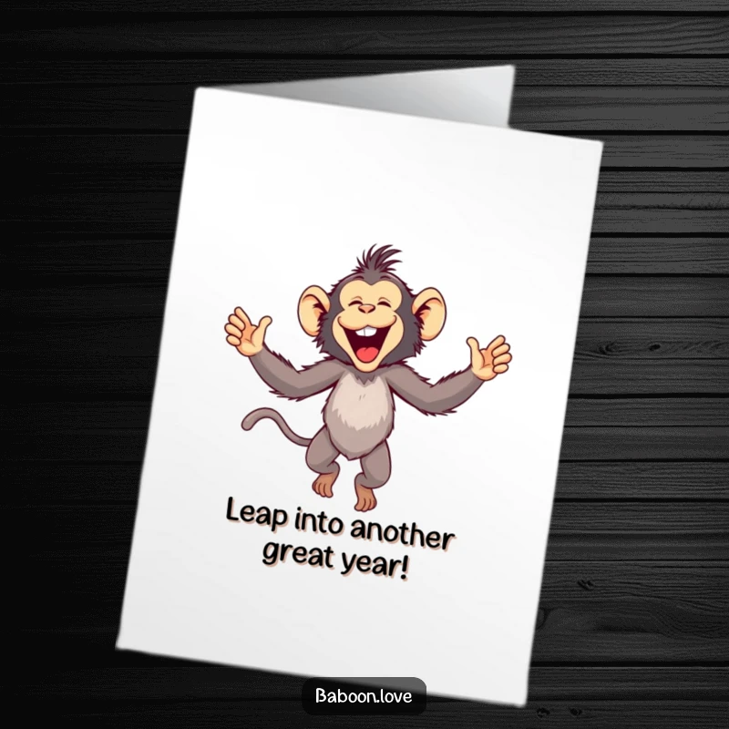Funny Free Printable Birthday Card: A joyous baboon leaping with arms wide open, celebrating in jungle style.