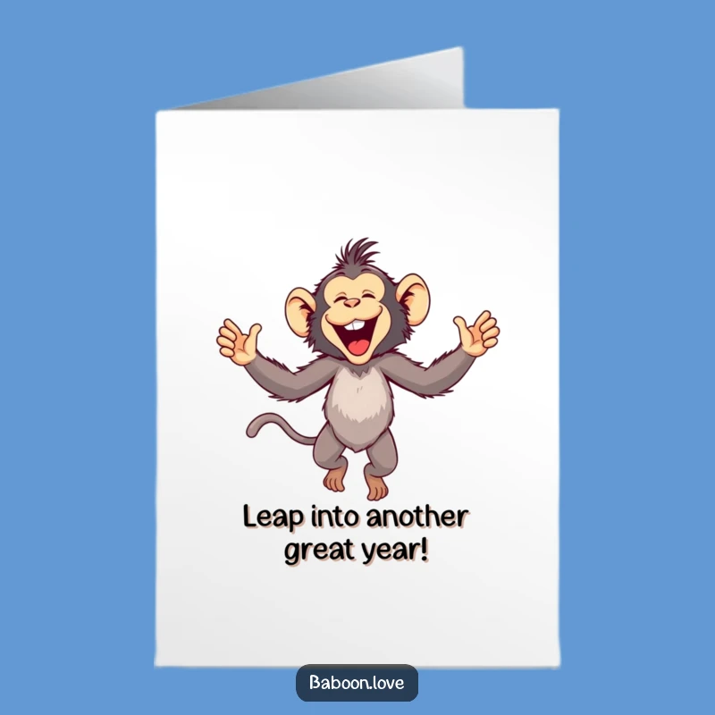 Free Printable Birthday Card: Joyful Baboon Leap - Funny Downloadable Gift