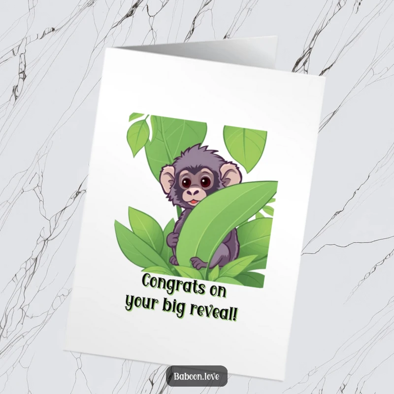 Funny Free Printable Congratulations Card: An inquisitive baboon cautiously peeking around a large jungle leaf, observing success.