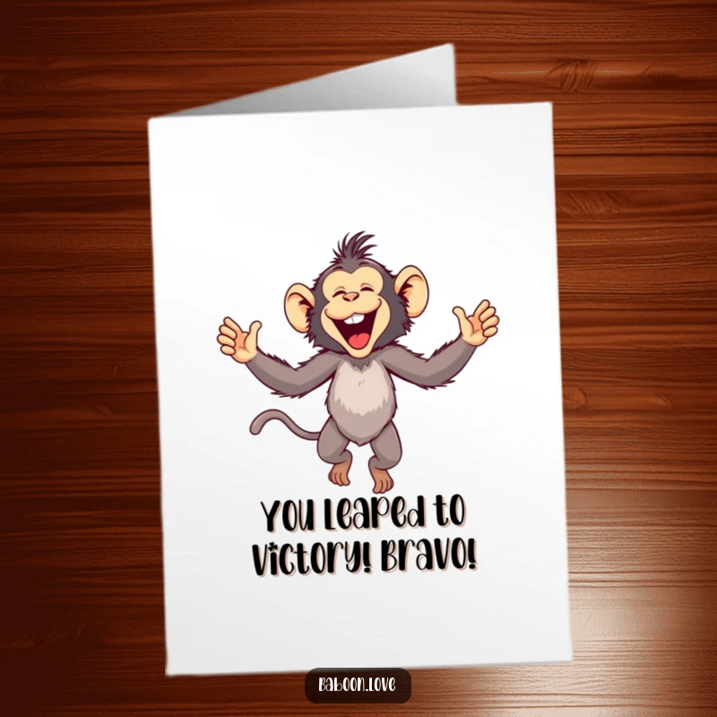 Funny Free Printable Congratulations Card: A jubilant baboon leaping with outstretched arms, cheering for a big win.