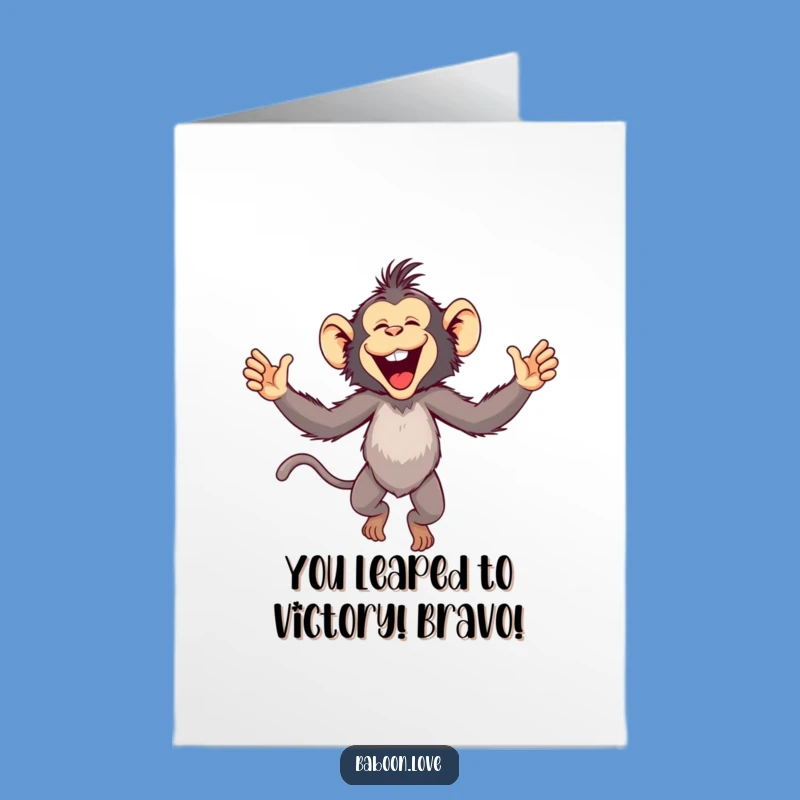 Free Printable Congrats Card: Jovial Baboon Leap - Humorous Downloadable Gift