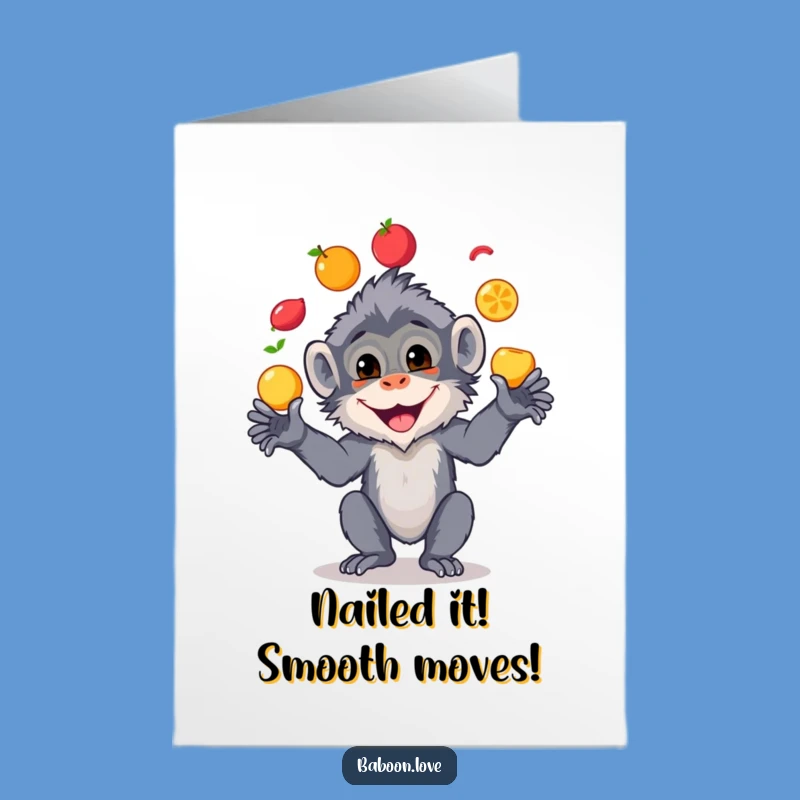 Free Printable Congratulations Card: Funny Baboon Juggling Fruits, Perfect Downloadable Gift for Any Occasion