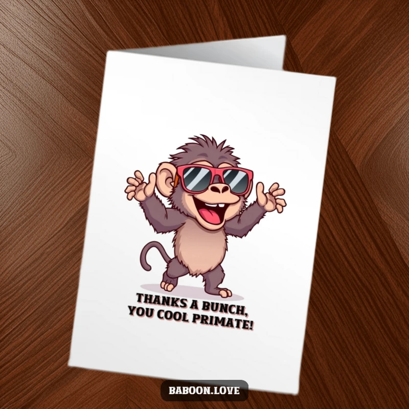 Funny Free Printable Thank You Card: Joyful baboon in sunglasses dancing, a hilarious downloadable way to express gratitude.