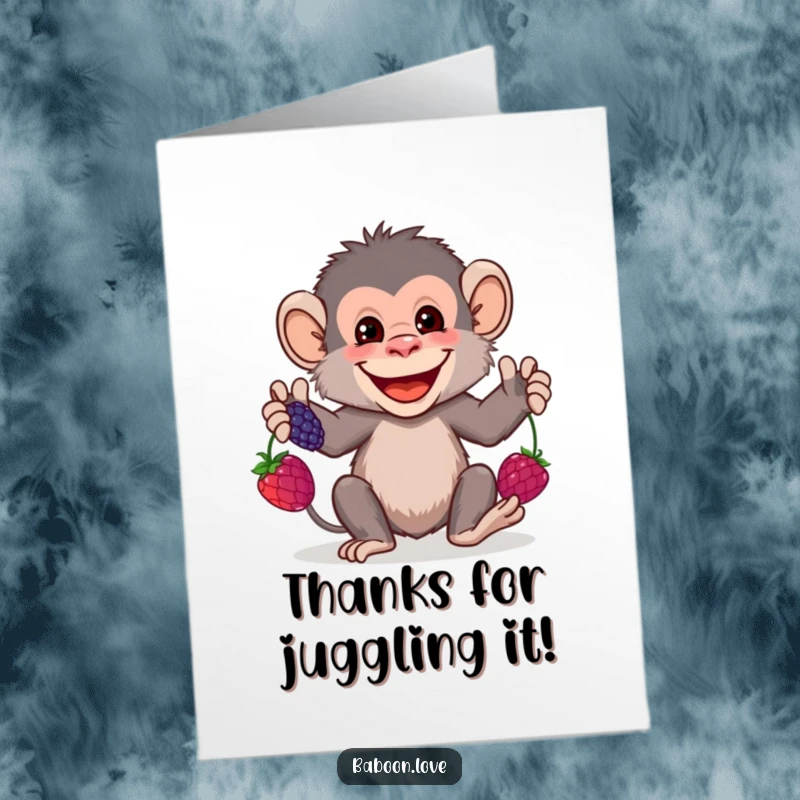 Funny Free Printable Thank You Card: A grinning baboon juggling vibrant berries, expressing thanks with a charming performance.