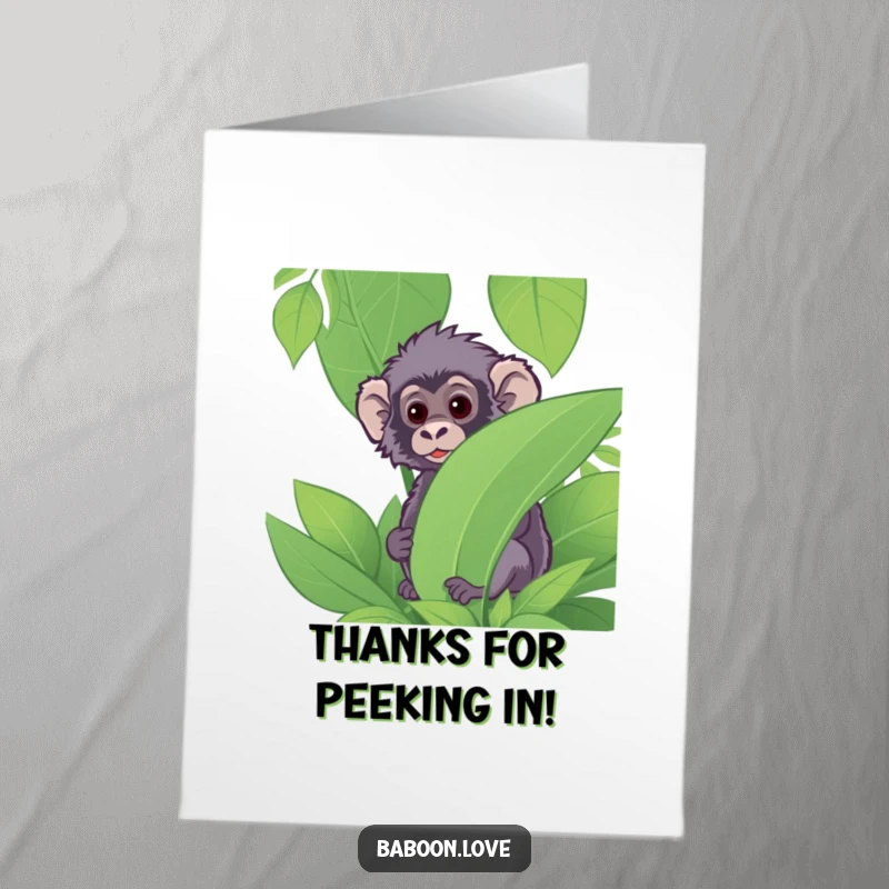 Funny Free Printable Thank You Card: A curious baboon's face peeking from behind a vibrant jungle plant, looking thankful.