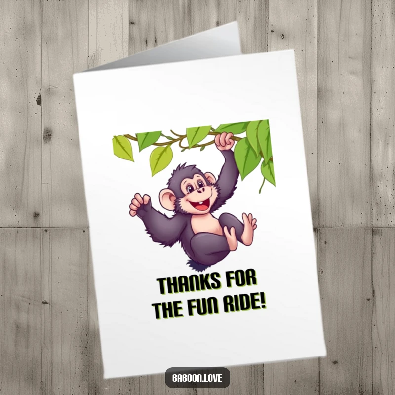 Funny Free Printable Thank You Card: Mischievous baboon sliding down a vine with glee, a hilarious downloadable thank you.