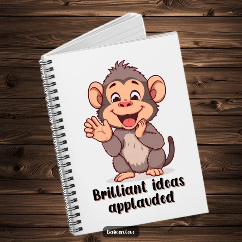 Funny Notebook: A cheerful baboon claps its hands together, inspiring enthusiastic note-taking and creative thought for users.