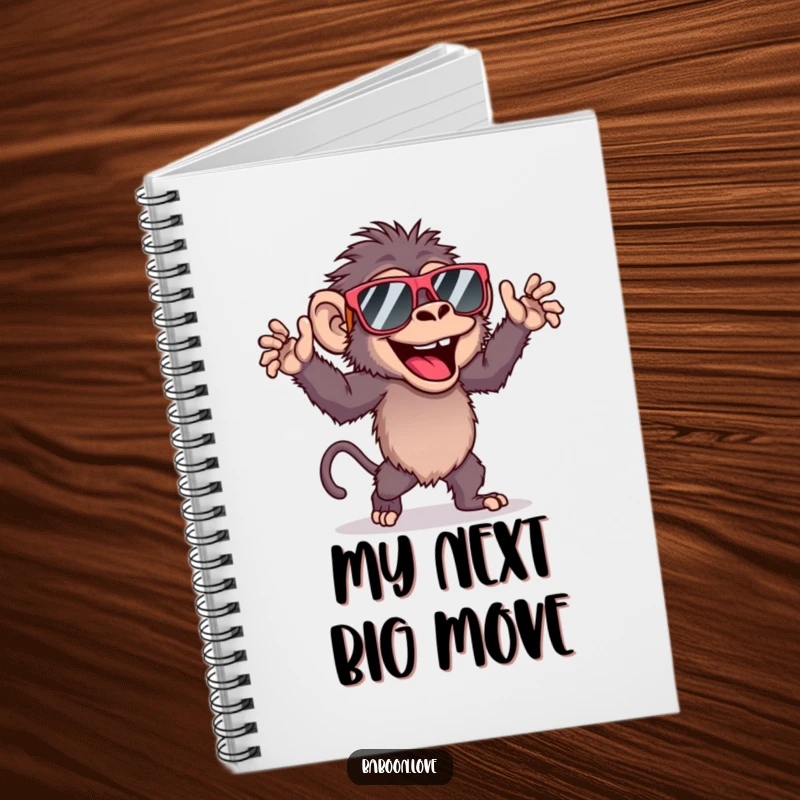 Funny notebook featuring a baboon dancing joyfully while wearing cool sunglasses, ready for jotting down ideas.